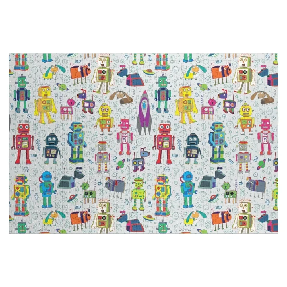 

Robots in Space - grey - fun Robot pattern by Cecca Designs Jigsaw Puzzle Customized Picture Wood Adults Puzzle