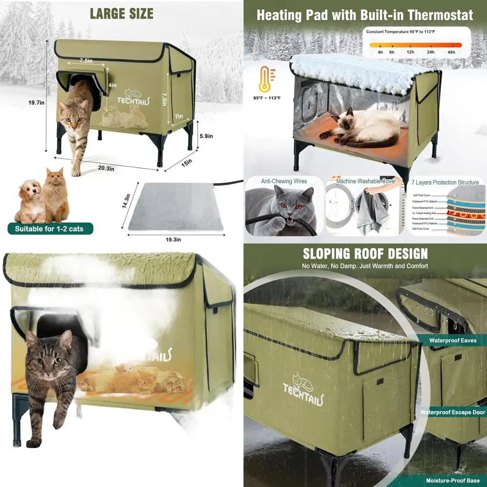 

Insulated Outdoor Cat Shelter with Slanted Roof, Heating Pad, and Escape Door for Winter - Green