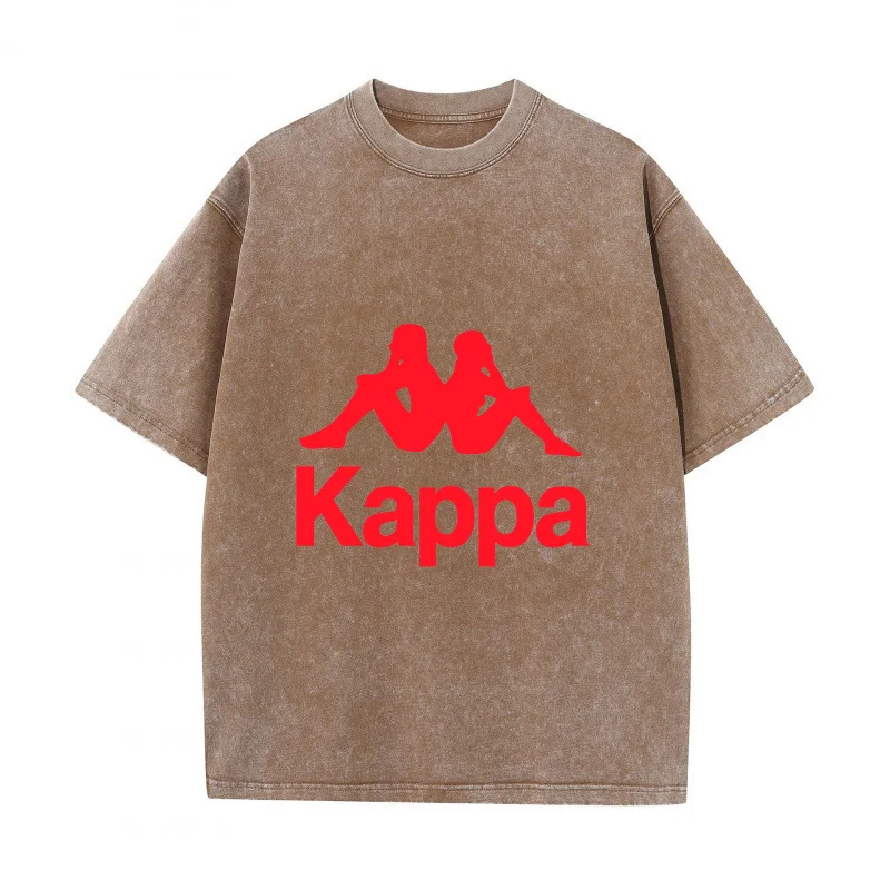 Camiseta Kappa de Talla Grande, Lavada, Corte Holgado, Estilo Vintage, Algodón Desgastado, Camiseta Casual con Estampado para Hombre