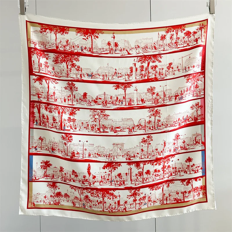 Red Silk Scarf Luxury 90cm Square Shawls Rolled Edges Bandanas Bag Accessories Head Hair Bag Belt Decoration Mother Gift