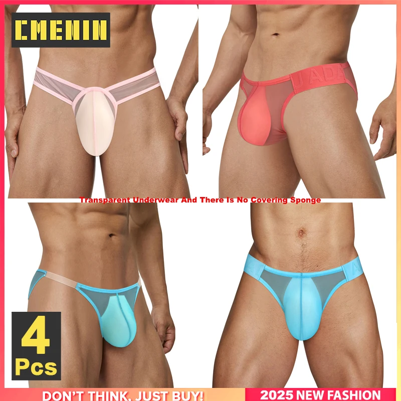 Cmenin 4 pçs sexy roupa interior masculina malha transparente cuecas masculinas ultra-fino respirável gays homem biquíni breve troncos