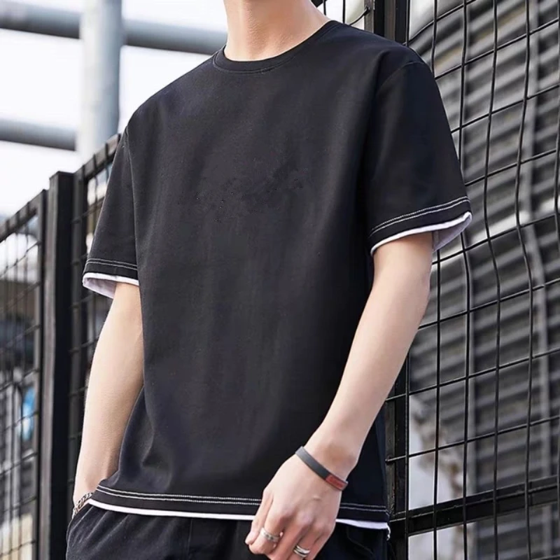 GELITAYIN Cotton Fake Two-piece Short-sleeved Shirt Men Women Summer Spliced Sewing Comfortable O-Neck Tee Vintage Short Sleeve