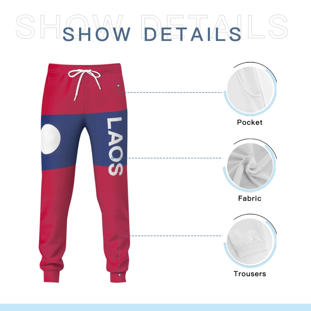 بنطال رياضي رجالي بعلم لاوس مع جيوب للركض للرجال، بنطال رياضي كاجوال برباط