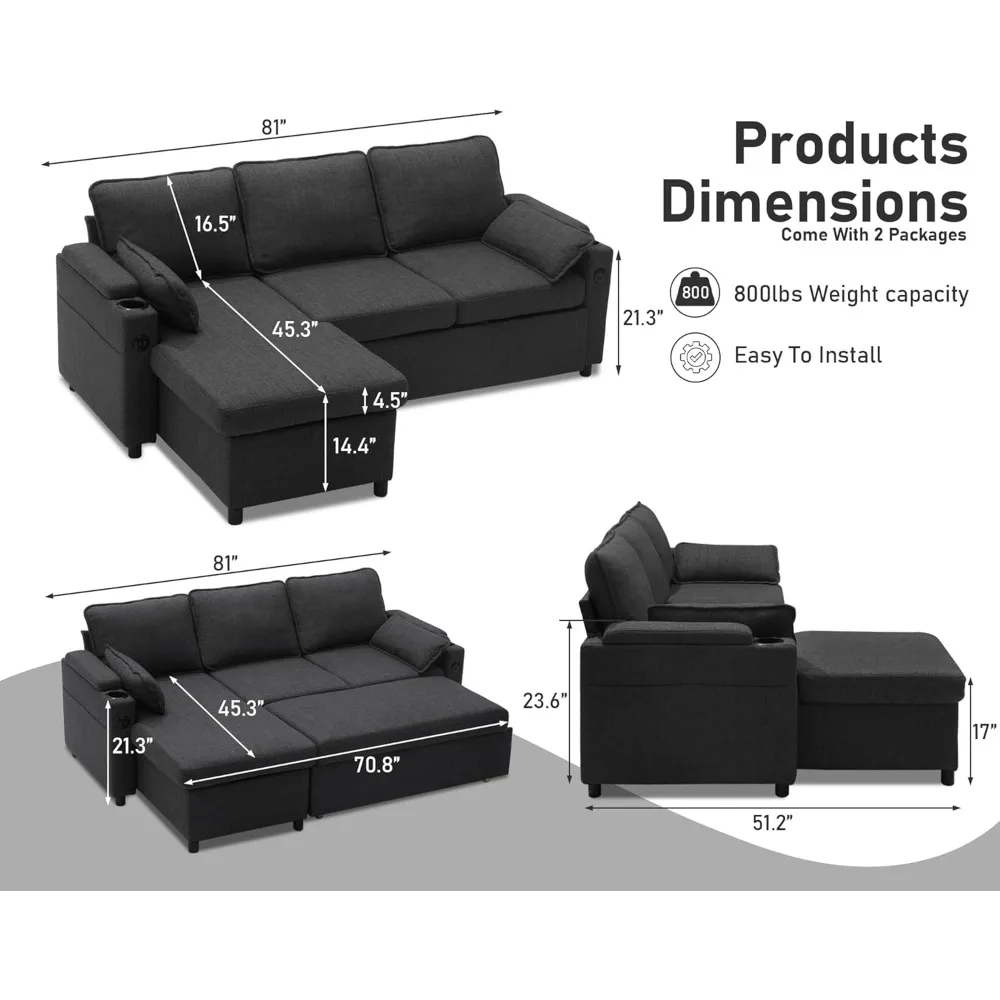 Wohnzimmer-Kombinationssofa, 2-in-1, Schlafsofa mit Stauraum, USB, Getränkehalter