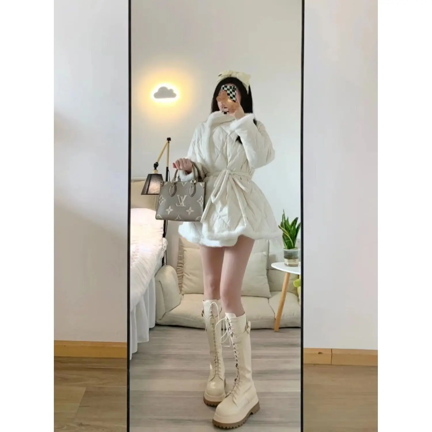 Small Fragrance Gentle Sweet White Rhombus Parkas Fur Collar WaistStand Collar Winter Cotton Coat Thickened Warm Mid-length Coat