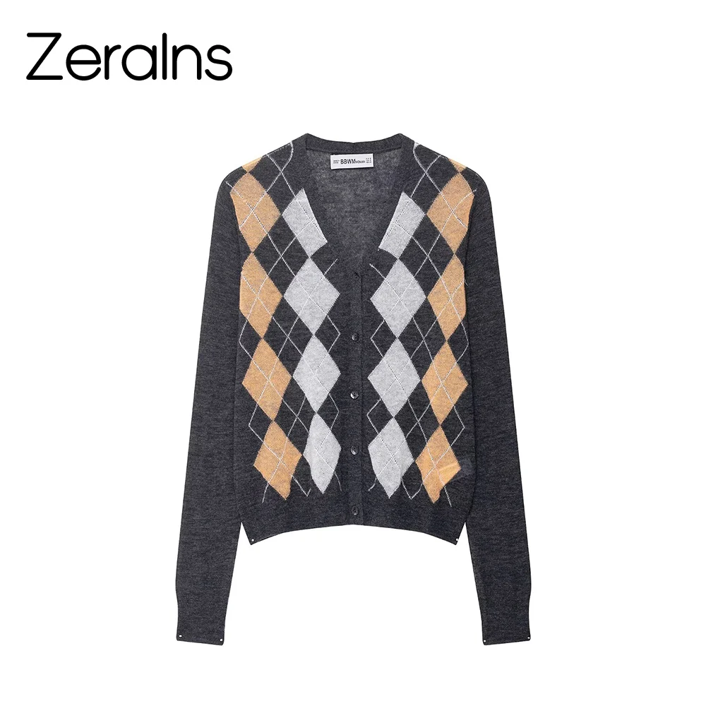 

ZERAINS American retro V-neck diamond grid long sleeved top autumn new style single breasted knitted cardigan