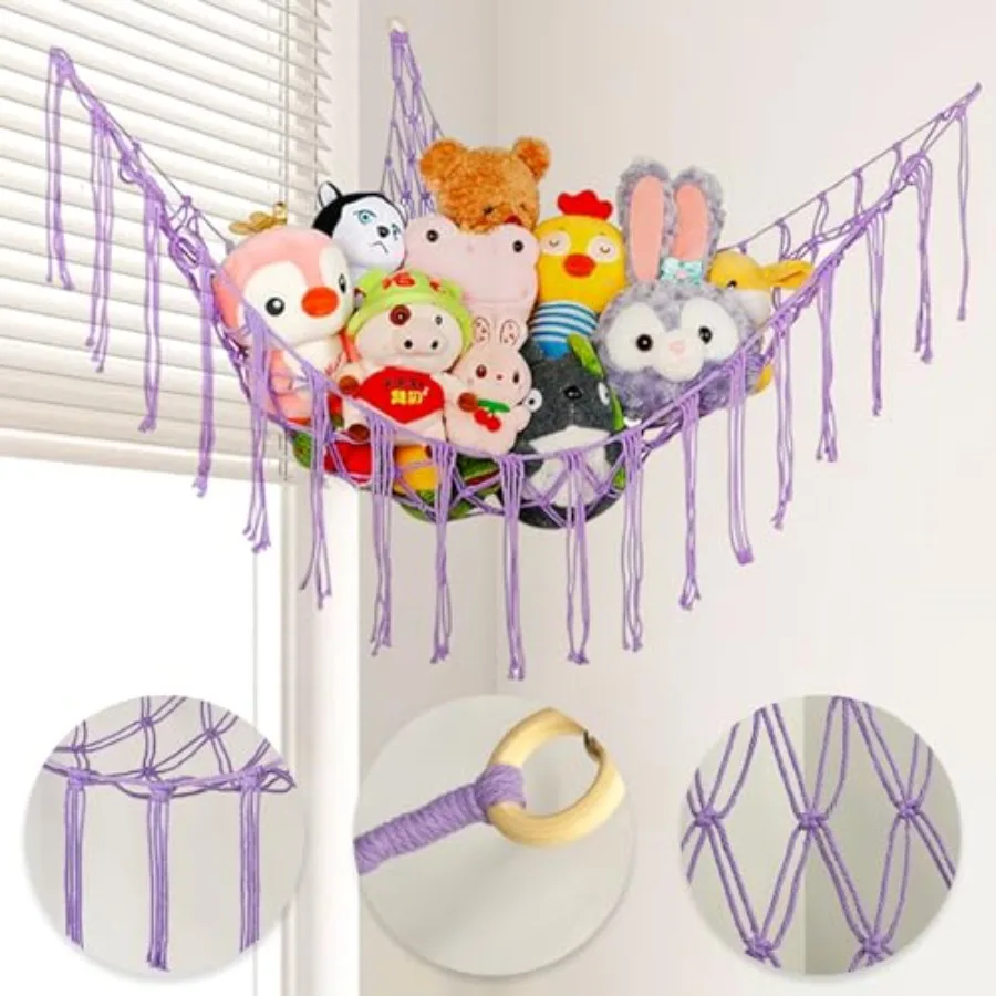 Stuffed Animal Net Hammock Corner for Plushie Toys, Plushie Net for'Room Decor, Stuffed Animal Storage, 1 Pack, Purple with Hoo - view 3