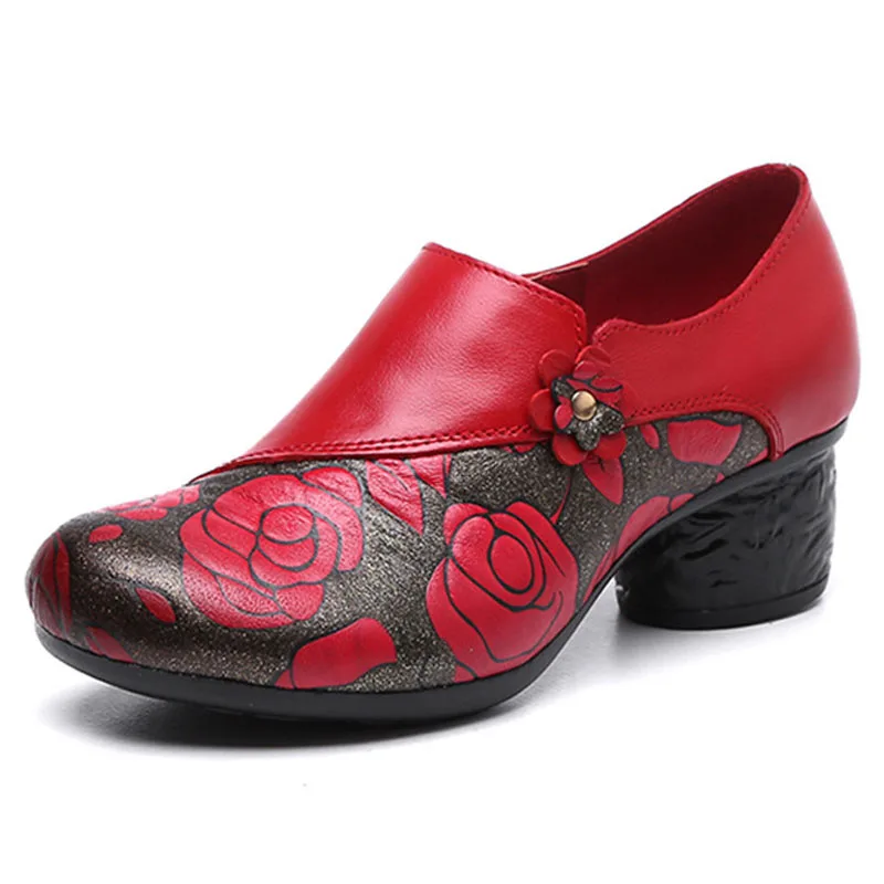 Spring Autumn National Style Women Pumps Flower Printing Round Toe Genuine Leather Women Chunky Heel Shoes