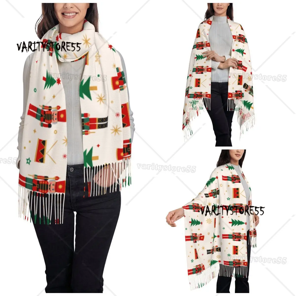 Nutcracker Christmas Tree Star Scarf for Womens Fall Winter Pashmina Shawl Wrap Snowflakes New Year Long Shawl Scarf for Ladies