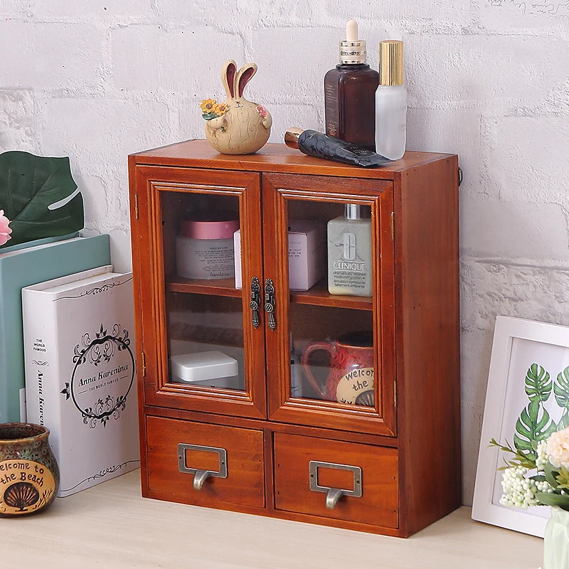 Wooden Vintage Cup Display Shelf Drawer Desktop Cosmetics Storage Box Blind Box Cabinet Hand Box Storage Cabinet