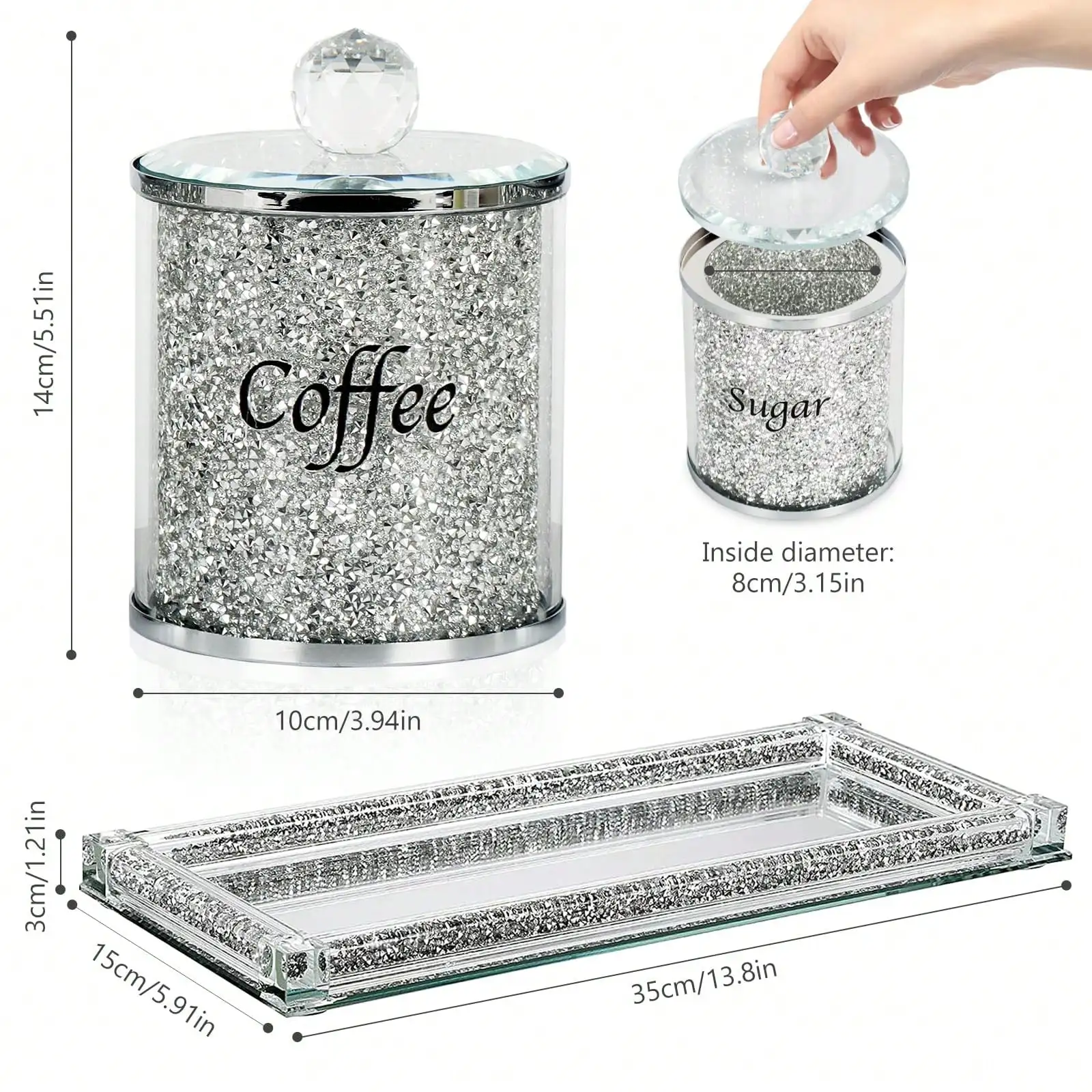 Coffee Sugar Tea Canister Set Sparkly Glam Crushed Diamond Kitchen Storage Container Set 4 Piece Silver Glass Jars With Lids And Mirrored Tray For Kitchen Countertop Coffee Bar Dining Room Home Decor Housewarming Gift view 3