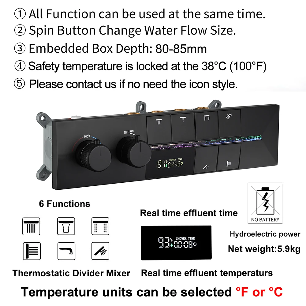 Qlonn Luxury 6 Functions Shower Set Bathroom Faucets Smart Thermostatic Mixer Ceiling LED Music Shower Head Shower Massage Jets