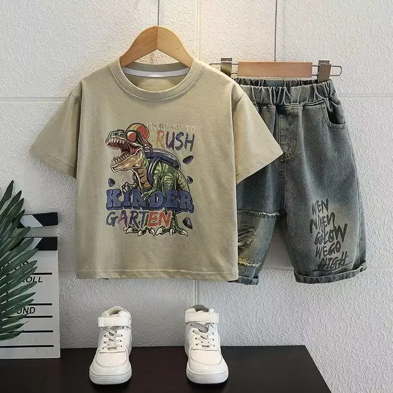 Summer Children's Top and Bottom Clothes Set Kids Clothes Boys Fashion Dinosaur Short Sleeve T-Shirts Denim Shorts 2 Pieces Suit