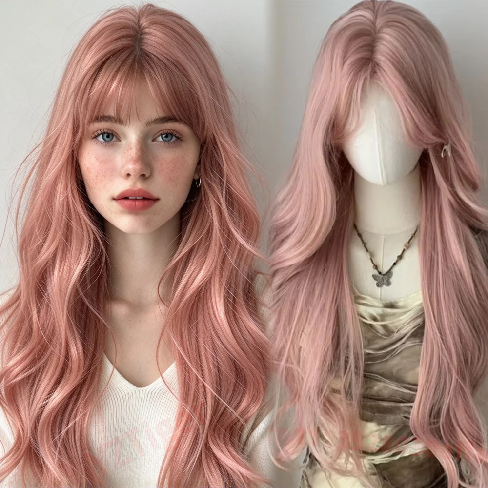 Pink Wig for Women Pink Hair Wigs with Bangs 26inch Natural and Fashionable Lolita Headband Wig Synthetic Wigs Cosplay Daily Use