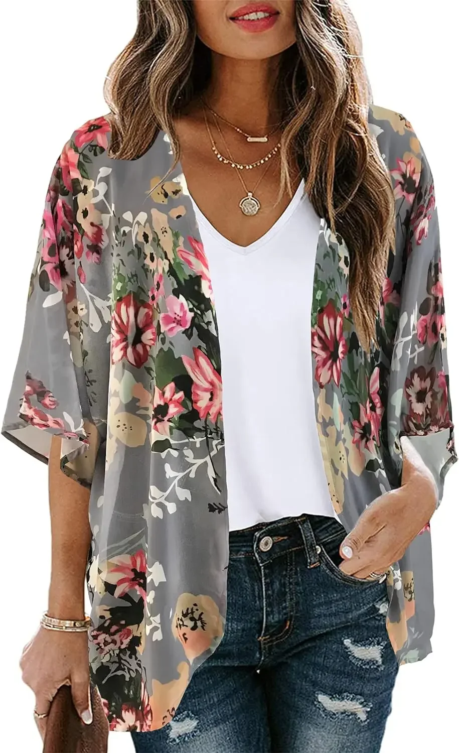 

Women Shirt Women's Floral Print Puff Sleeve Kimono Cardigan Loose Cover Up Casual Blouse Tops