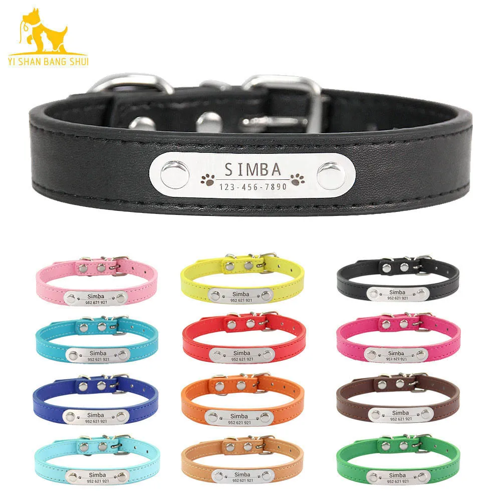 Personalized Dog Collar Name Carved ID Anti-lost Solid PU Leather Collar For Small Medium Large Dogs Puppy Cat Pet Supplies Pink