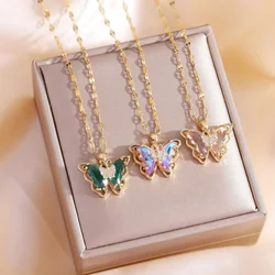 Colorful Zircon Butterfly Pendant Necklaces for Women Girls Stainless Steel Trendy Romantic Jewelry Accessories Gifts