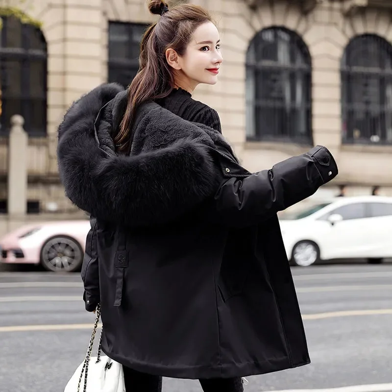 Women Parka 2023 New Winter Jacket Fashion Long Coat Wool Liner Hooded Parkas Slim with Fur Collar Warm Snow Wear Padded Outerwe