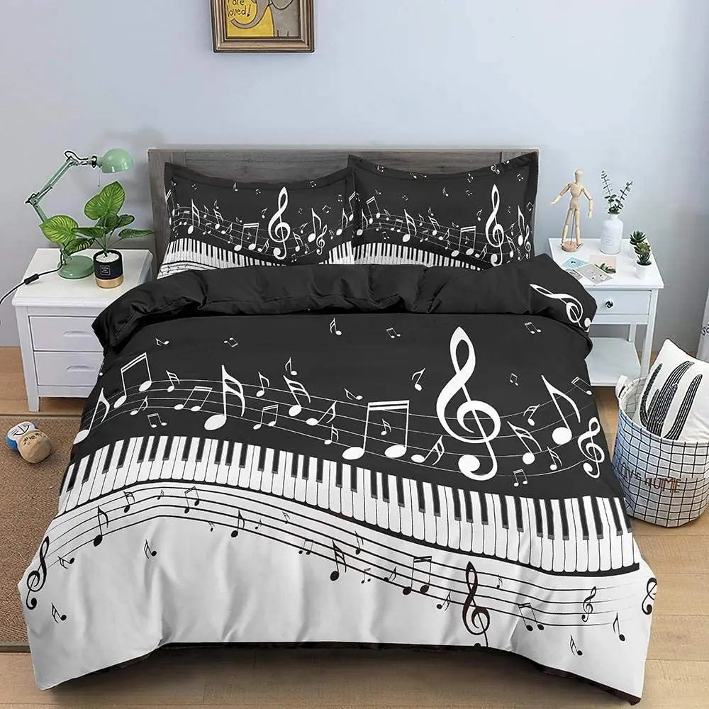 

Retro Music Theme Piano Duvet Cover - Rotating Musical Notes Design, Black And White Stave, for Girls