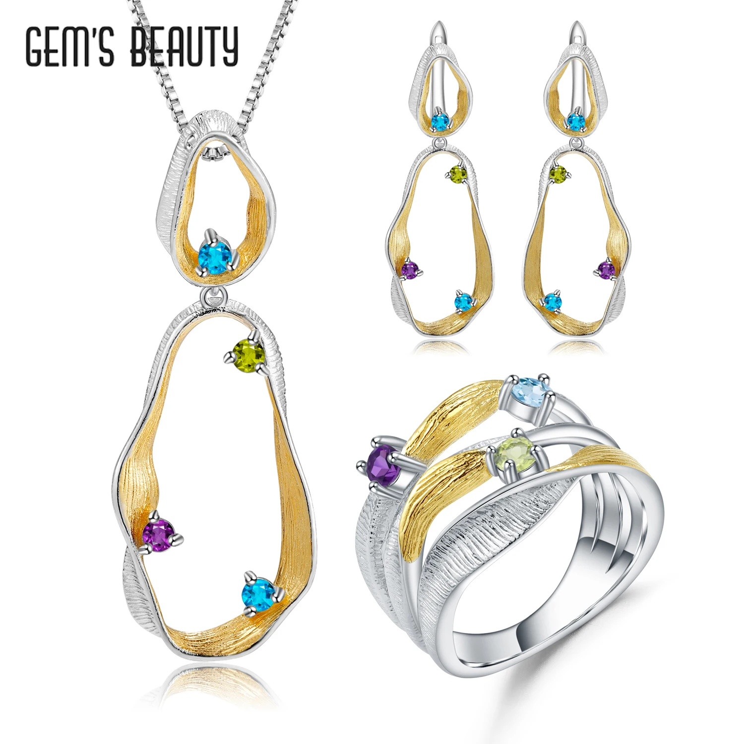 

GEM'S BEAUTY Original Design 925 Sterling Silver Swirl Jewelry Sets Natural Multi Color Gemstone Party Fine Jewelry for Women