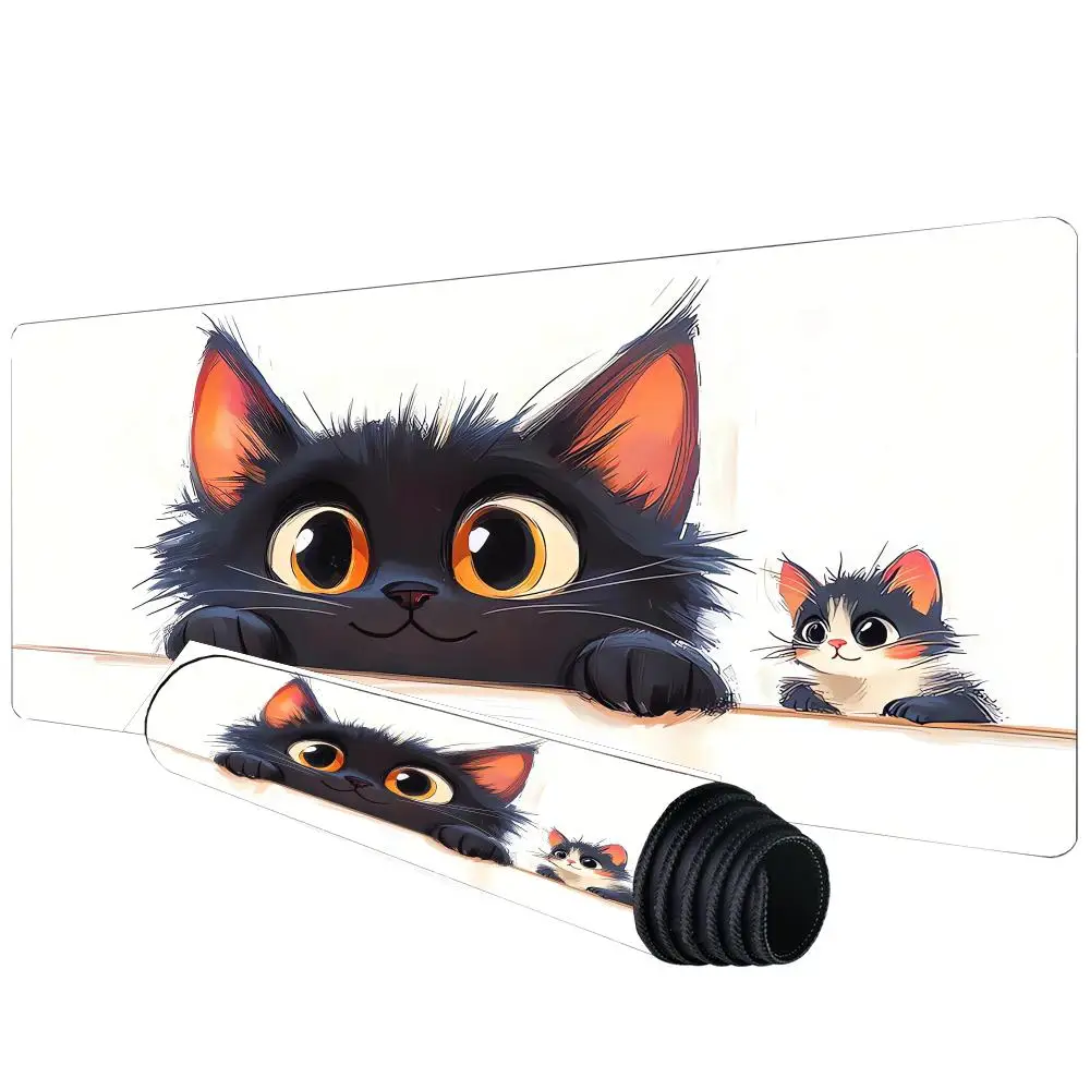 

Большой коврик для мыши с черным котенком в стиле каваи, милый игровой коврик для клавиатуры XXL, аксессуары для компьютеров, настольные коврики, коврики для дома и спальни для девочек
