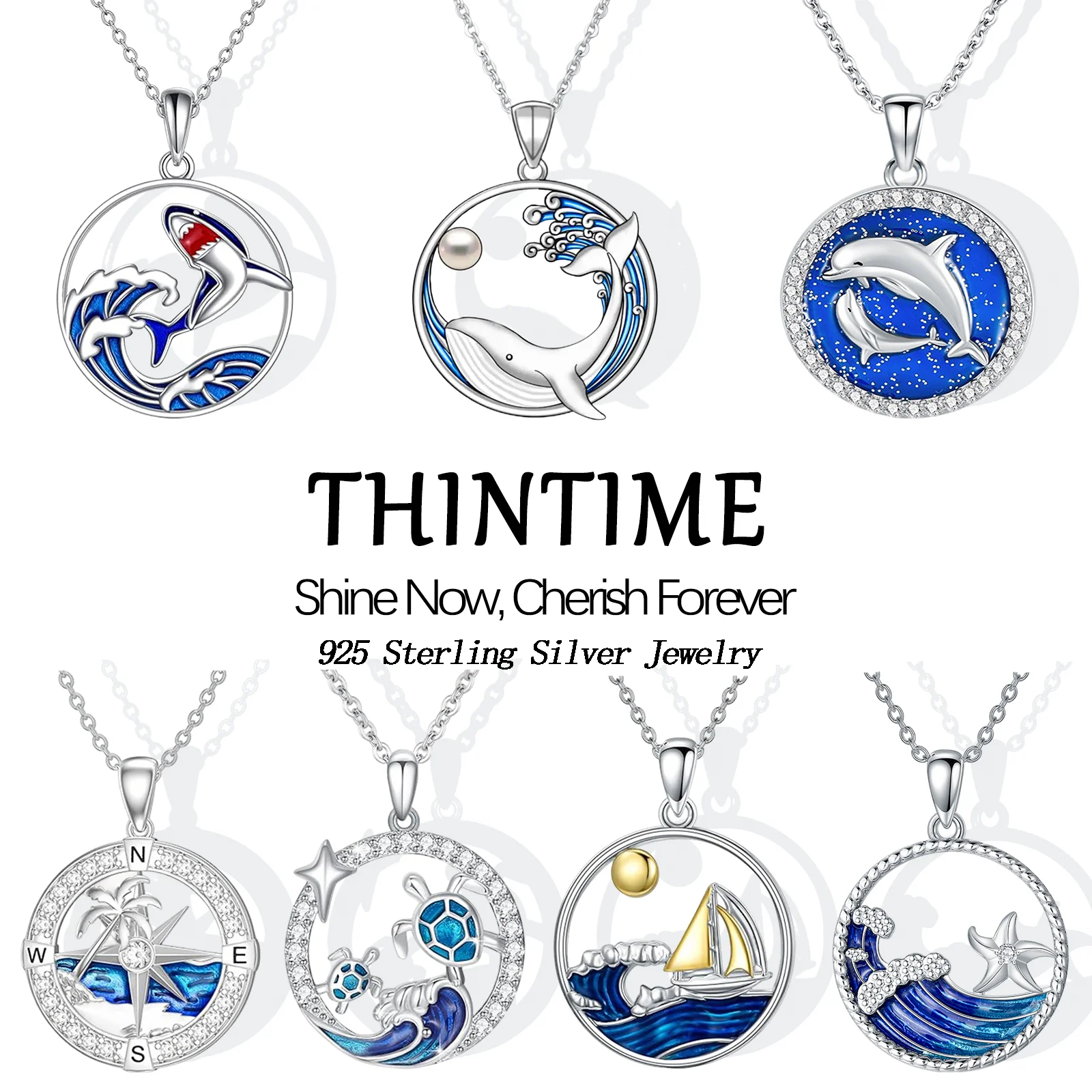 

Boho Cute Dolphin Sea Star Sea Turtle Pendant Necklace for Girl Women Fashion Round Blue Ocean-style Necklace Wedding Jewelry