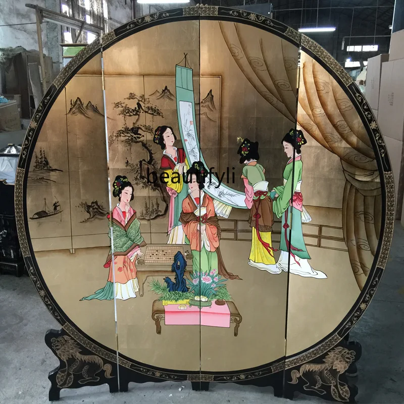 Gold foil round folding screen hand-painted chess painting Ming and Qing decorative background wall