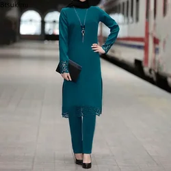 2025 Vrouwen Moslim Abaya Sets Mode Hol Lange Mouw Jurk en Broek Twee Stukken Vrouwen Islamitische Kleding Arabische Dubai Kaftan