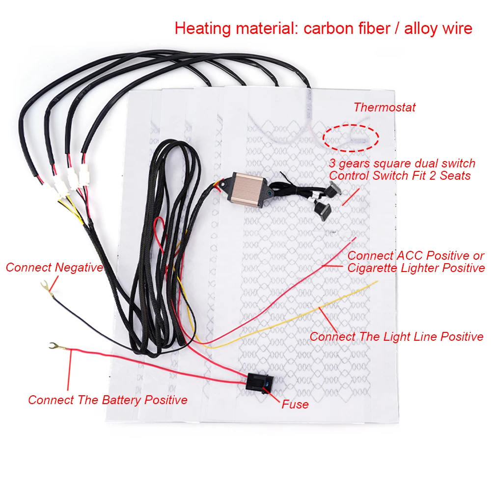 Universal Car Seat Aquecedor Kit, 12V Fibra De Carbono Almofadas De Aquecimento, 3 Engrenagem Interruptor De Controle Quadrado, Inverno Warmer Seat Cover, Fit 2 Assentos