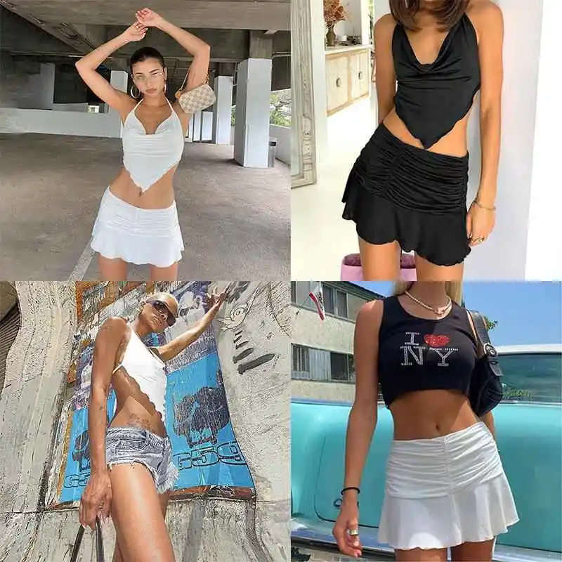 

Wish New 2-Piece Set Sleeveless Short Skirt Pure Color Women's Fashion Trendy Shopee Winter Season Color Pattern