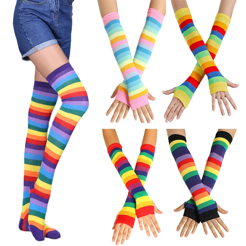 Striped Over the Knee Socks Set Women Girls Stocking Long Socks Arm Sleeve Cover Warm Knee Socks Gloves Christmas Cosplay Casual