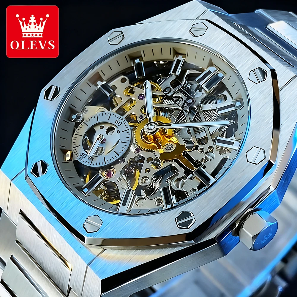 ساعات رجالية فاخرة من OLEVS مصنوعة من الفولاذ الناعم مفرغة ذاتية الملء دولاب الموازنة وحركة الياقوت ساعة يد ميكانيكية أوتوماتيكية 6669 #1
