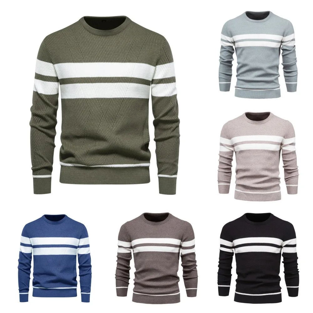 سترة رجالية محبوكة دافئة ، سترة هاراجوكو ، بلوفر مخطط ، سويت شيرت غير رسمي ، ملابس تريكو ، ملابس شتوية ، موضة