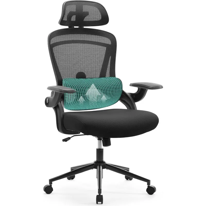 

Ergonomic Office Chair, with 2D Headrest, Up&Down Lumbar Support, Swivel Mesh Chair with Adjustable Flip-up Armrests, Inky Black