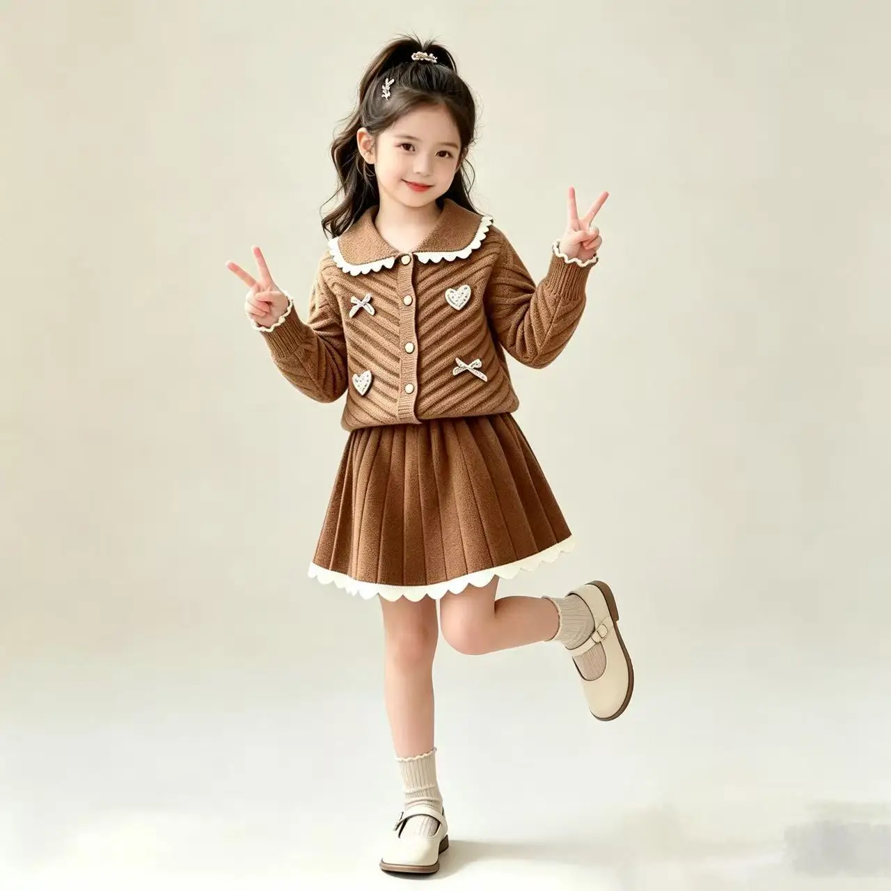Girls' Sweater Set Autumn/Winter New Korean Baby Girl Solid Color Small Bow Fashion Short Skirt Two Piece Set