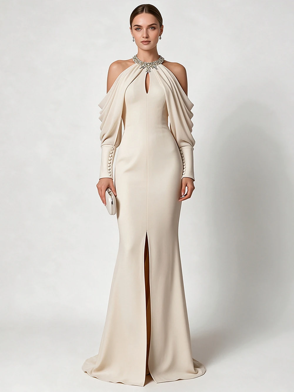 Modphy Elegant Mermaid Maxi Dress Large Off Shoulder Diamond Long Sleeves Slim Formal Dress Party Gown Bodycon Maxi Prom Dress
