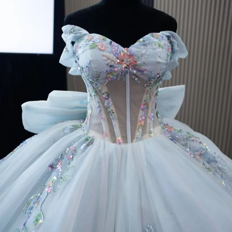 

aqua blue Quinceanera Dress off-shoulder Lace crystal glitter feather flower decal Bow vestidos de 15 Quinceanera ﻿Customized