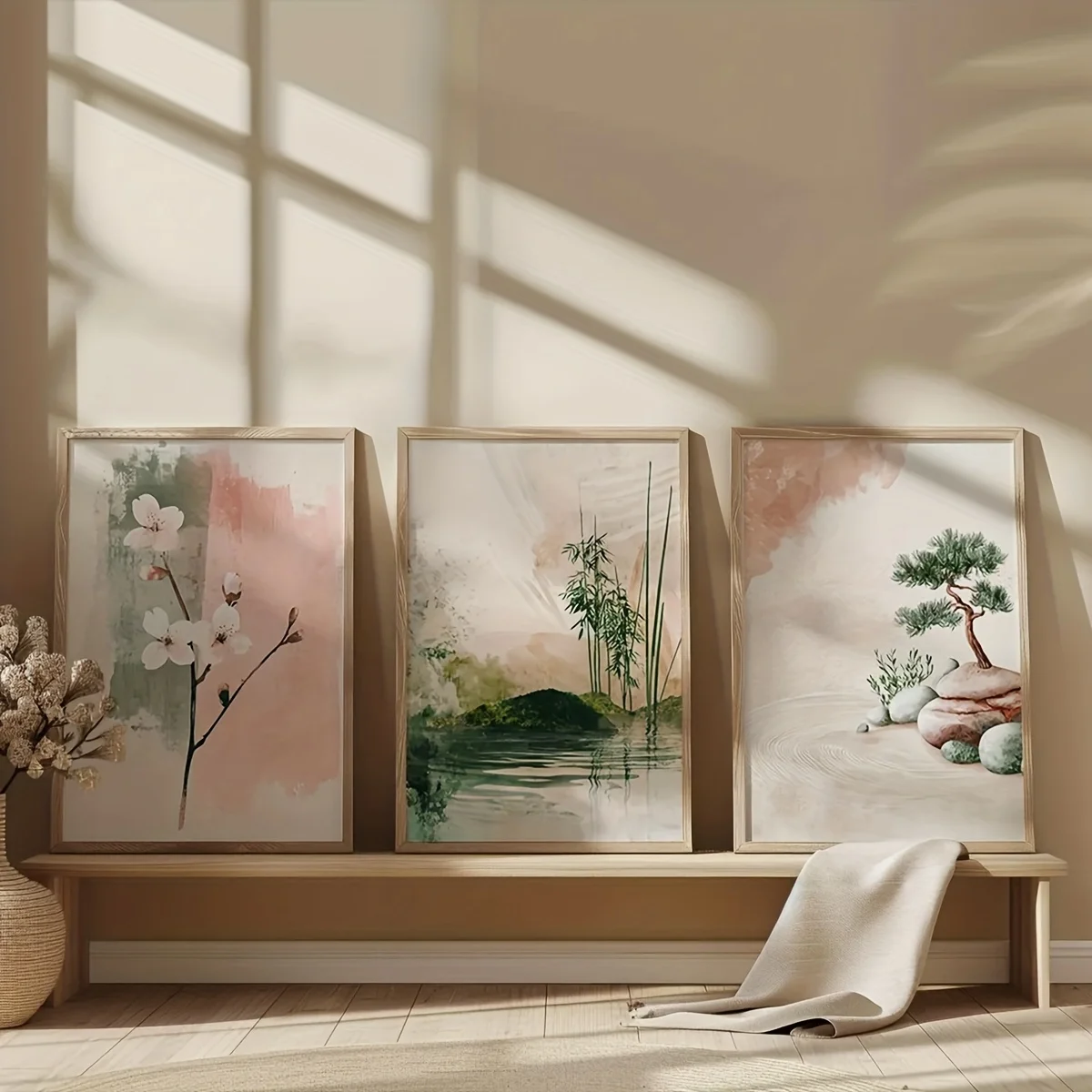 Set of 3 Japandi Zen Landscape Wall Art Cherry Blossom & Bonsai Scenery Minimalist Art Poster Modern Zen Home Living Room Decor