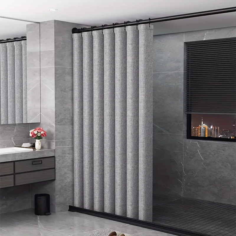 Linen Shower Curtain with Built-In Hooks Dry Wet Separation No-Drilling Required Decorative Bathroom Elegance Linen Fabric - view 3