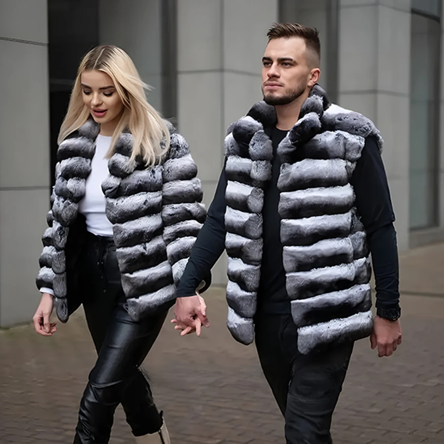 Real Fur Coat Men Winter Jackets Full Skin Chinchilla Rex Rabbit Fur Vest Short Natural Rabbit Fur Vest High Quality Luxury