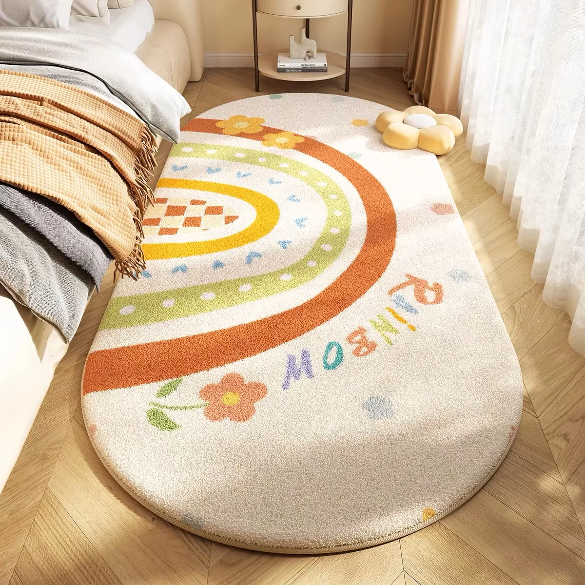 VIKAMAM Rainbow Imitation Cashmere Carpet Bedroom Plush Bed Mat Children Girls Room Decorated With Non-Slip Long Carpet