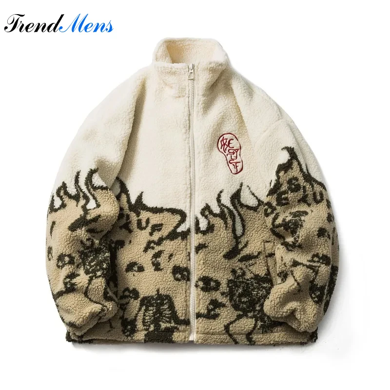 

Winter Lamb Fleece Flame Printed Men's Jacket Casual Fashion Loose Parka Couple Street Homestay Versatile Warm Coat Chaquetas