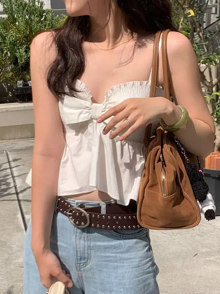 

HH Women's Summer Fashion Sweet Bow Decorated Ruffle Camisole Top Female Elegant Temperament Sleeveless 2-Color Short Tops Mujer