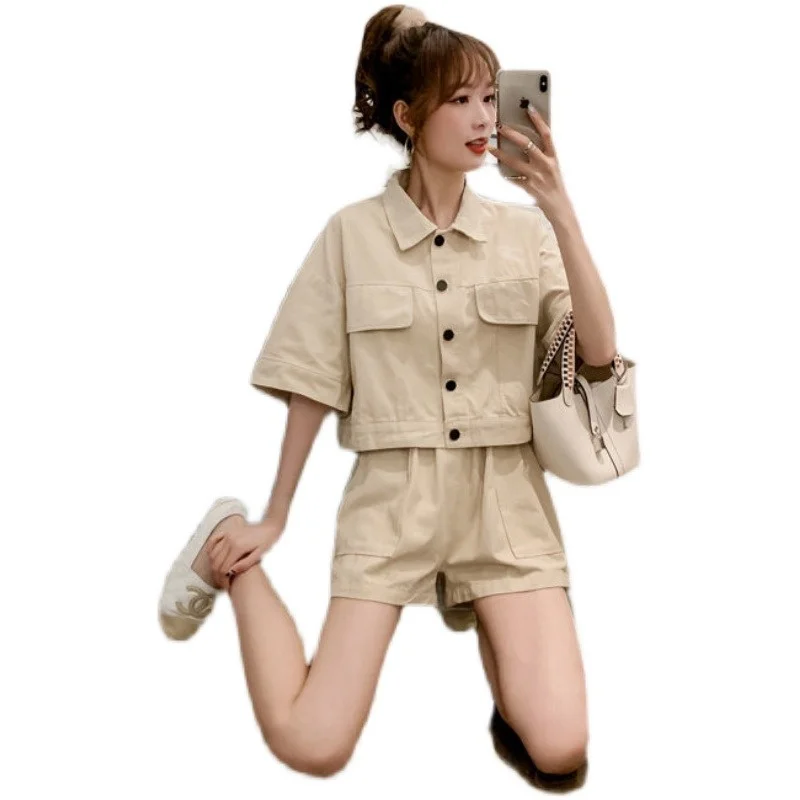 2024 여름 신상 여성 학생룩 와이드 레그 반바지 투피스 세트 트렌디 나일론 소재