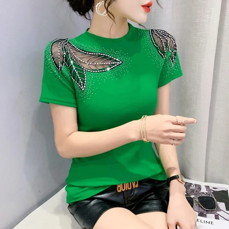 #5315 Black White Green Red Short Sleeve T Shirt Women Spliced Mesh Diamonds Sexy Hollow Out Skinny T-shirt Femme O-neck Summer