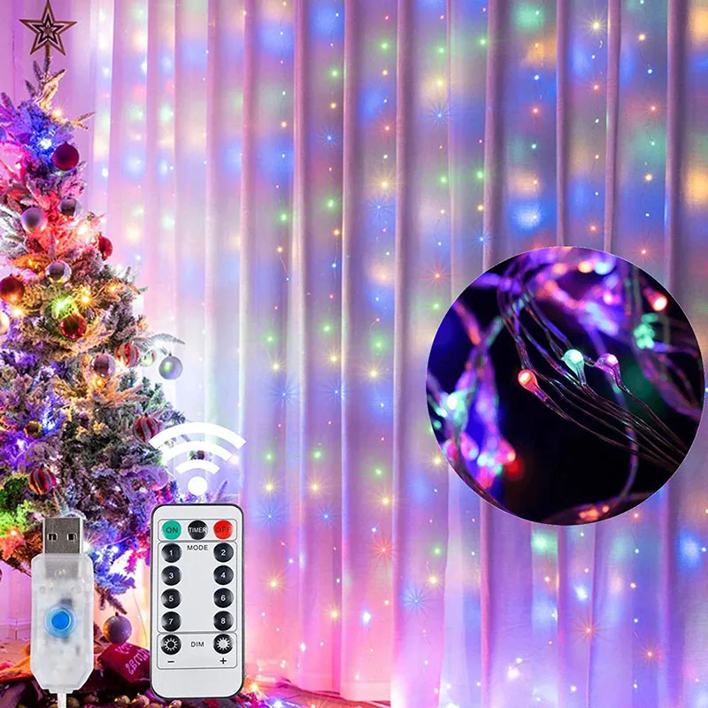 Rainbow Curtain Lights 3X2M LED String Garland Fairy Icicle Decorative Lights for Christmas Party Bedroom Wall Wedding Decor