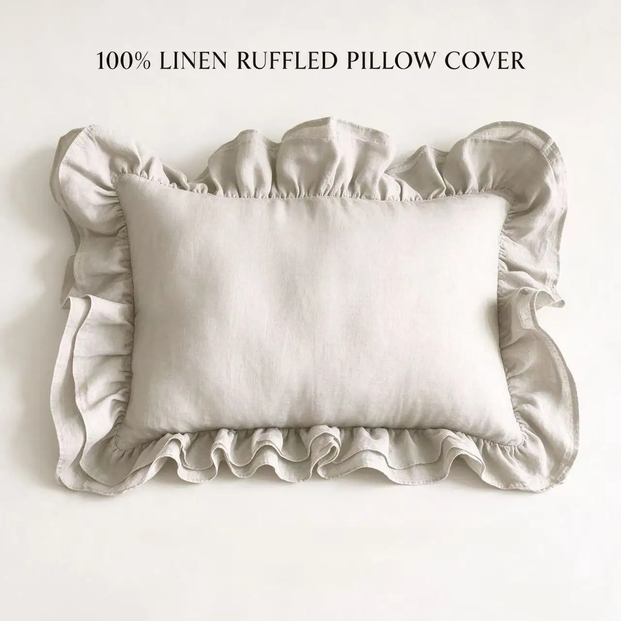 100% French Linen Pillowcase Double Ruffled Edge Soft Breathable Pillow Cover Elegant Bedding Decor 48x74cm (1pc No Insert)
