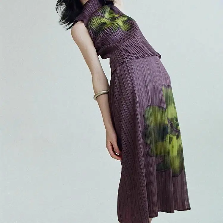 Printed Pleated Skirt Two-Piece Set For Women'S Summer New Design, Patterned Camisole Vest Set