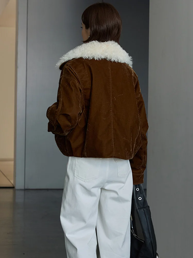 เสื้อโค้ทขนแกะแท้สำหรับผู้หญิง ฤดูหนาว 2026 พร้อมปกขนแกะ  เสื้อแจ็คเก็ตขนห่าน  ผ้าเดนิมธรรมชาติ  ผ้าลูกฟูก  เสื้อคลุมหรูหราสำหรับผู้หญิง