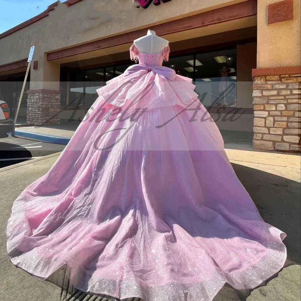 Custom Made Pink Princess Girl Quinceanera Dresses Off Shoulder Beading Lace Up Bow Vestido De xv Anos Sweet 15 16 Party Prom